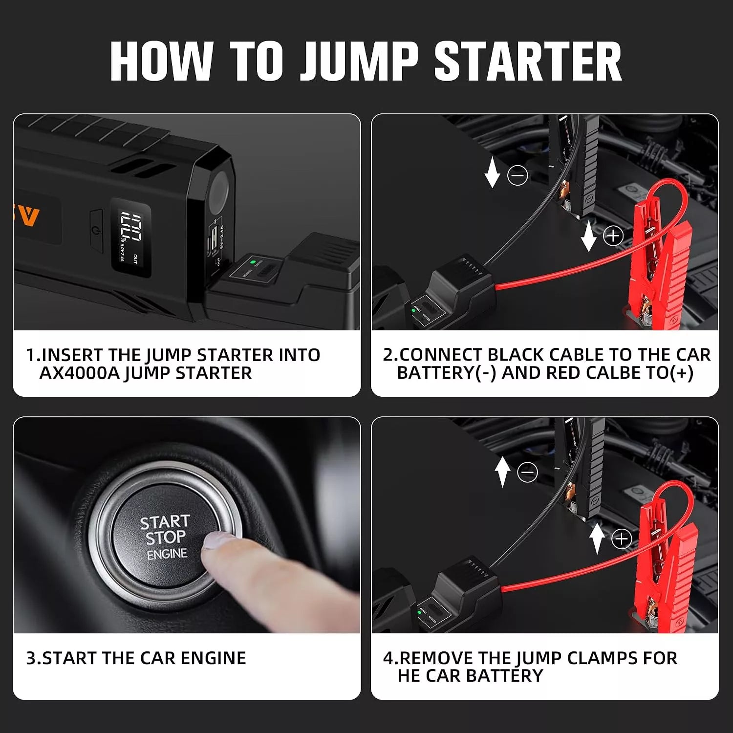 ASPERX Car Jump Starter, 4000A Peak Battery Starter for All Gas or 10.0L Diesel Engines, 12V Battery Starter, Jump Box with USBA, Lithium Battery Booster with Built-in LED Light