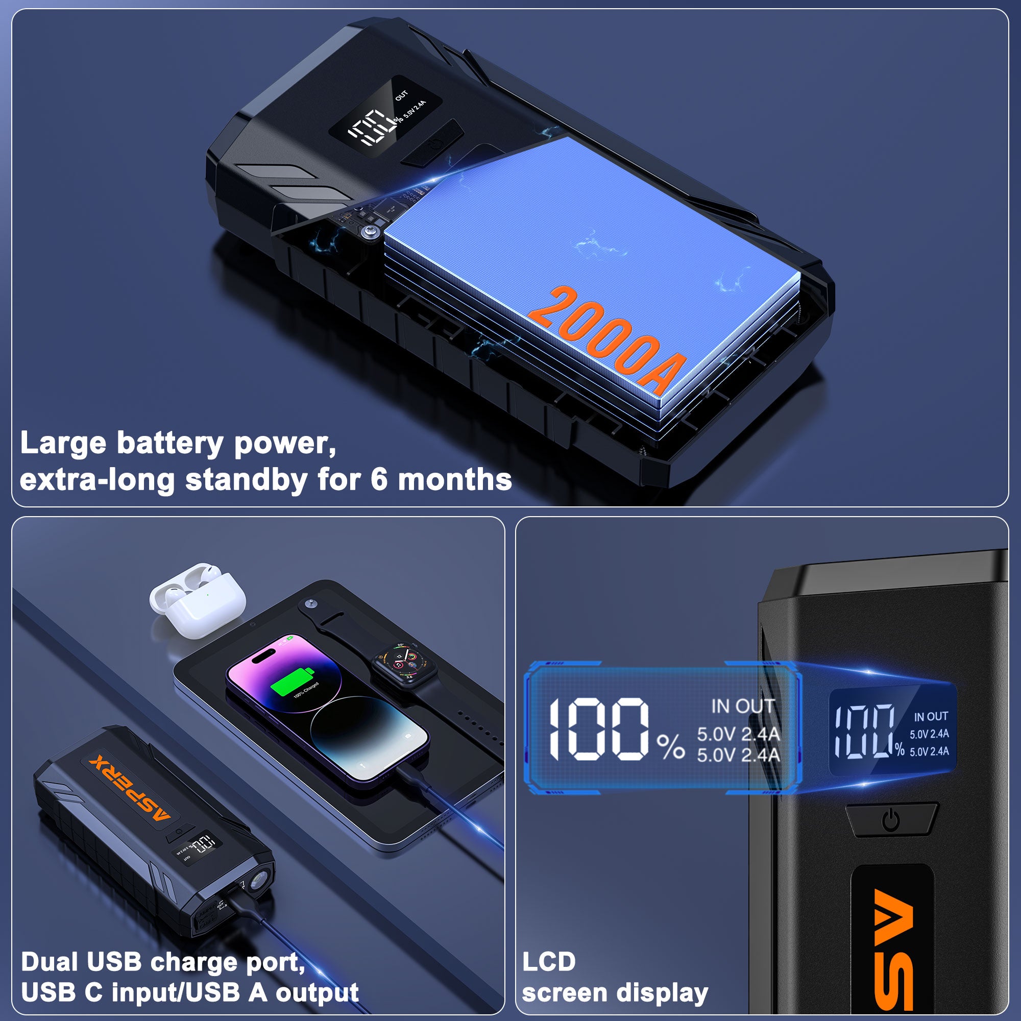 ASPERX Jump Starter,2000A Peak Portable Jump Box for Car up to 8.0L Gas or 6.5L Diesel Engine