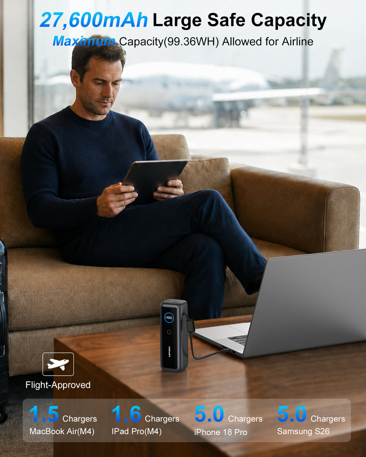 ASPERX 27600mAh 140W USB-C PD3.1 Laptop Power Bank with Built-in USB-C Cable & TFT Display
