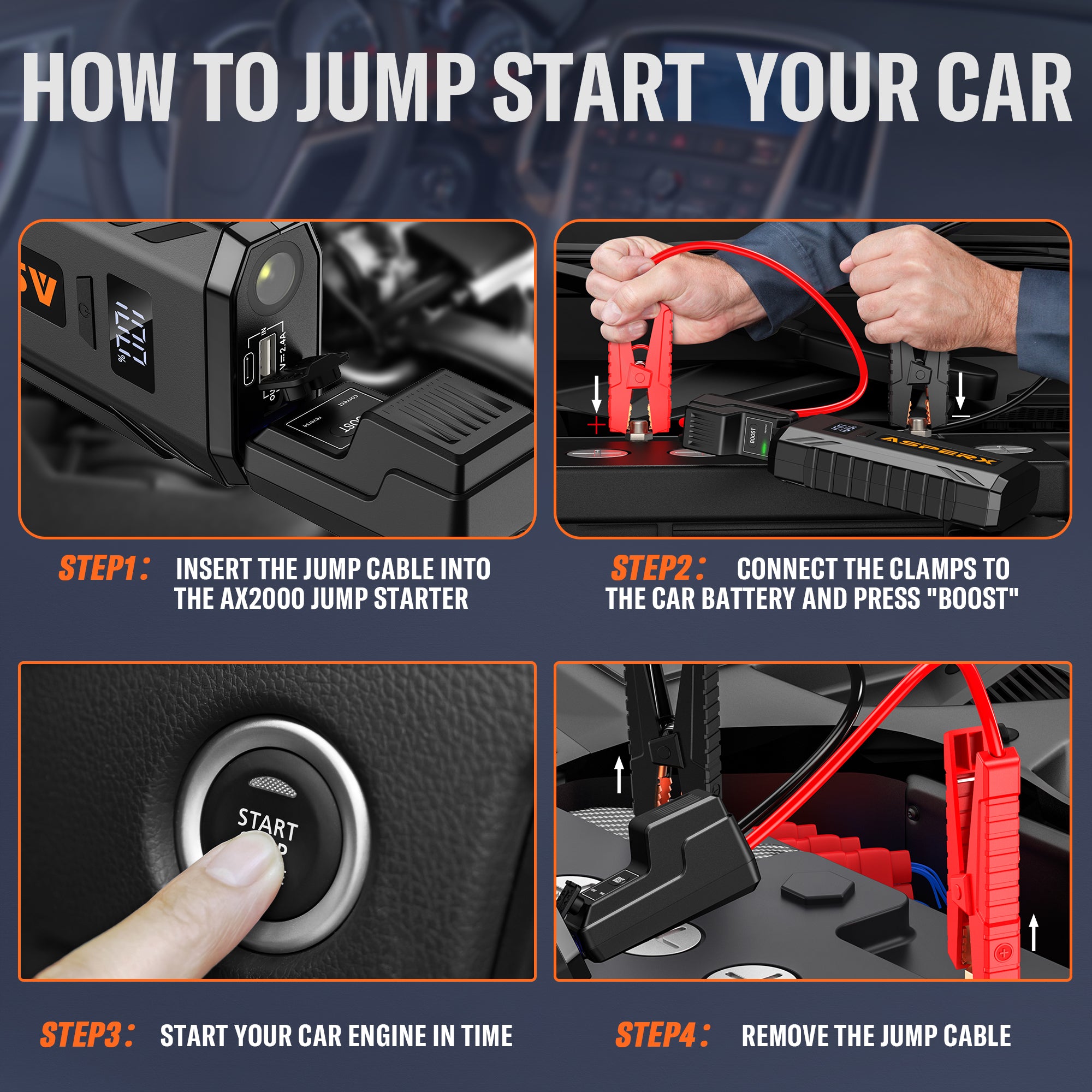 ASPERX Jump Starter,2000A Peak Portable Jump Box for Car up to 8.0L Gas or 6.5L Diesel Engine
