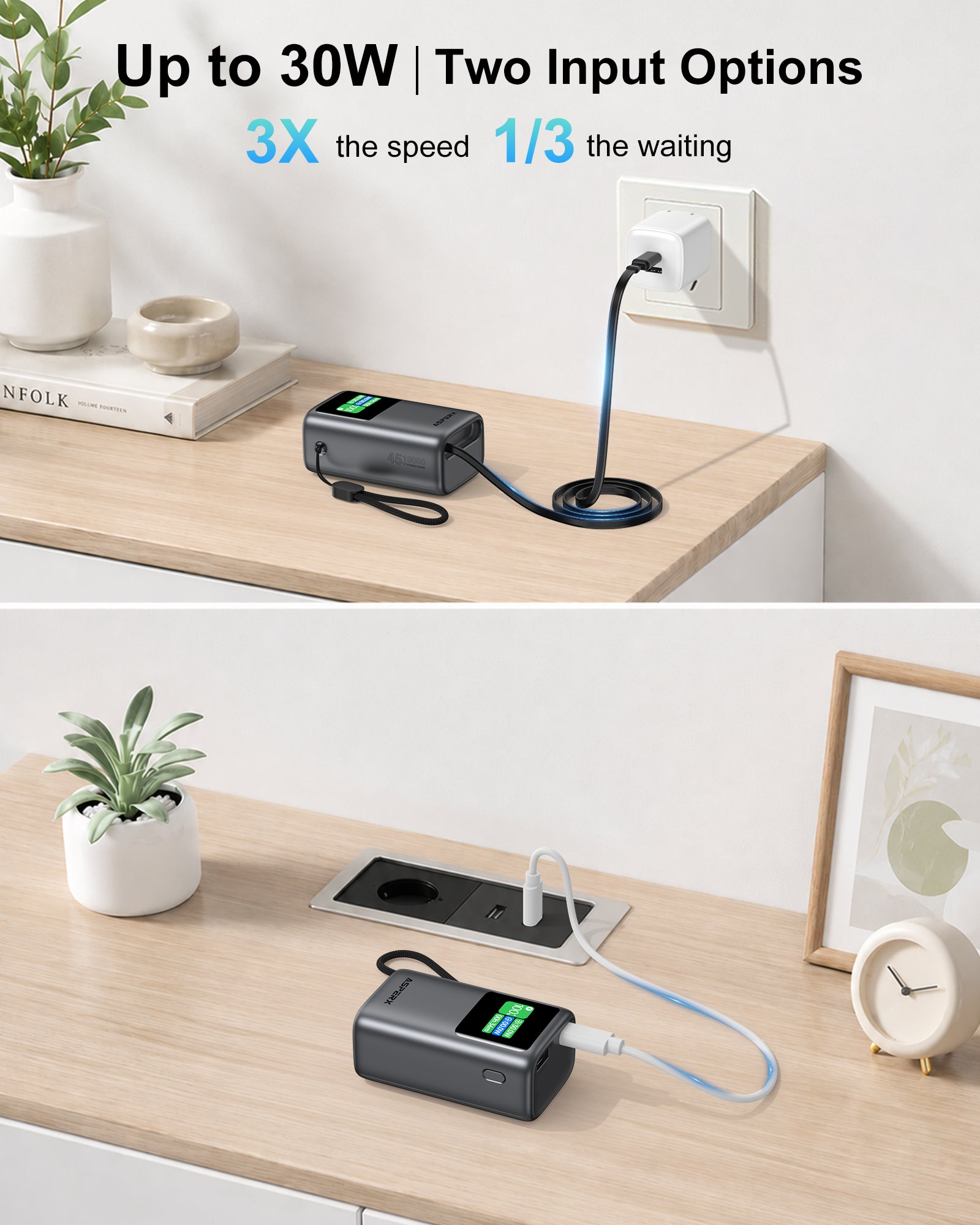 45W Portable Charger 10000mAh with Built-in Retractable USB-C Cable & TFT Display