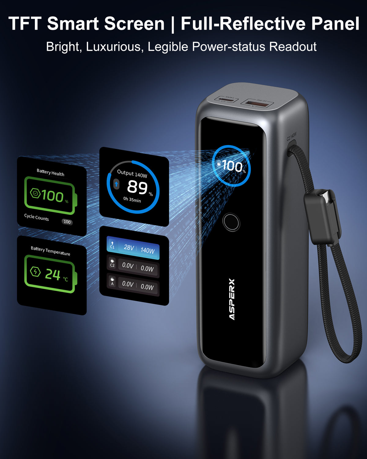 ASPERX 27600mAh 140W USB-C PD3.1 Laptop Power Bank with Built-in USB-C Cable & TFT Display