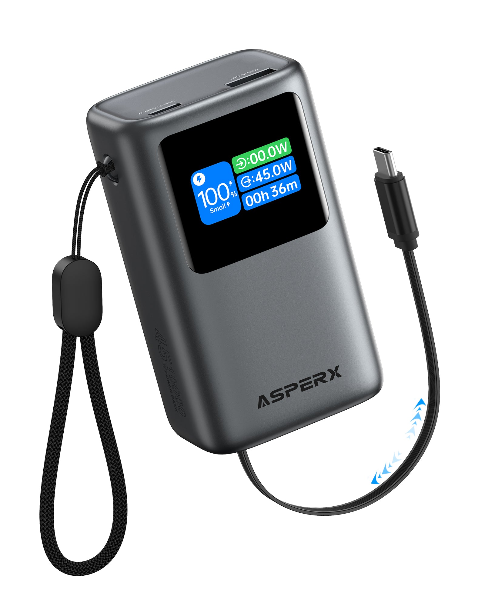 45W Portable Charger 10000mAh with Built-in Retractable USB-C Cable & TFT Display