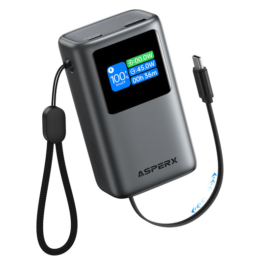 45W 10000mAh Portable Charger With Built-in Retractable USB-C Cable & TFT Display