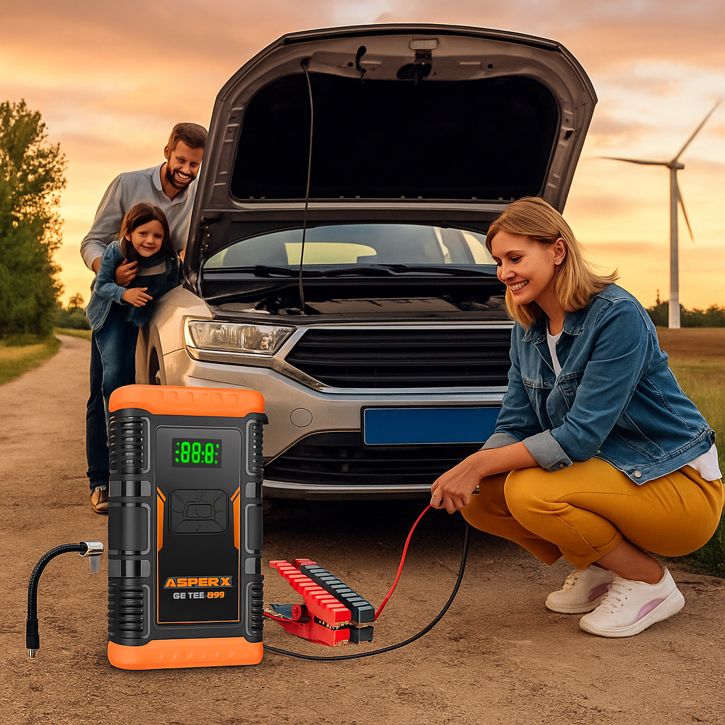 ASPERX Portable Jump Starter with Air Compressor – 10L Gas / 8L Diesel | Safe, Certified, All‑in‑One Roadside Rescue