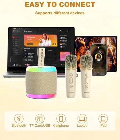Mini Karaoke Speaker with 2 Wireless Microphones,Voice Effects,Led Lights, Portable Singing Machine for Ages 3,4,5,6,7,8,9,10,11,12+ Years Old Girl Birthday Gift, Kids Karaoke Machine (Black)