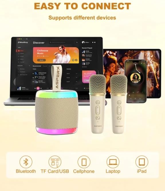 Mini Karaoke Speaker with 2 Wireless Microphones,Voice Effects,Led Lights, Portable Singing Machine for Ages 3,4,5,6,7,8,9,10,11,12+ Years Old Girl Birthday Gift, Kids Karaoke Machine (Black)