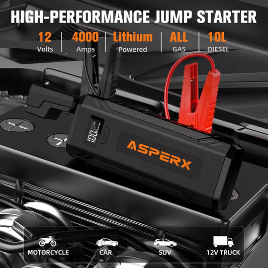 ASPERX Car Jump Starter, 4000A Peak Battery Starter for All Gas or 10.0L Diesel Engines, 12V Battery Starter, Jump Box with USBA, Lithium Battery Booster with Built-in LED Light