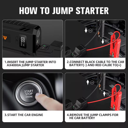 ASPERX Car Jump Starter, 4000A Peak Battery Starter for All Gas or 10.0L Diesel Engines, 12V Battery Starter, Jump Box with USBA, Lithium Battery Booster with Built-in LED Light