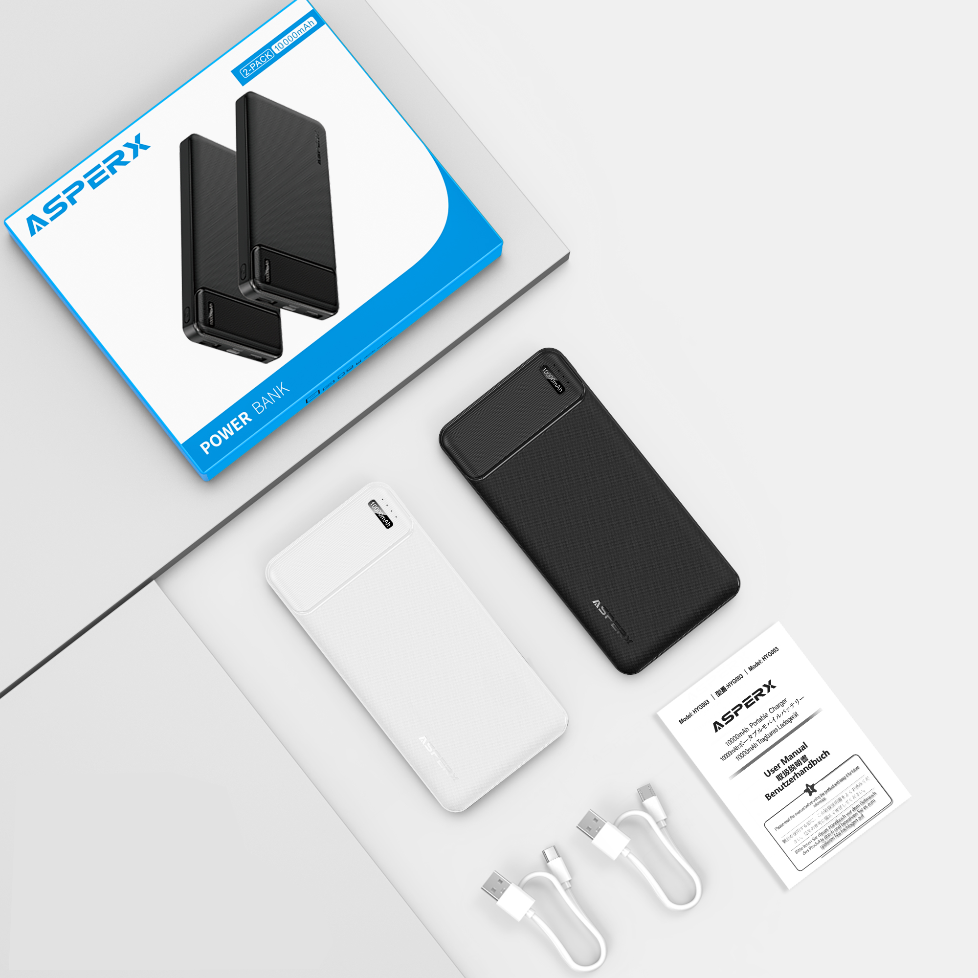 AX 15.000 mAh Powerbank 2er-Pack – 3 A Schnellladung, USB-C und Dual USB-A