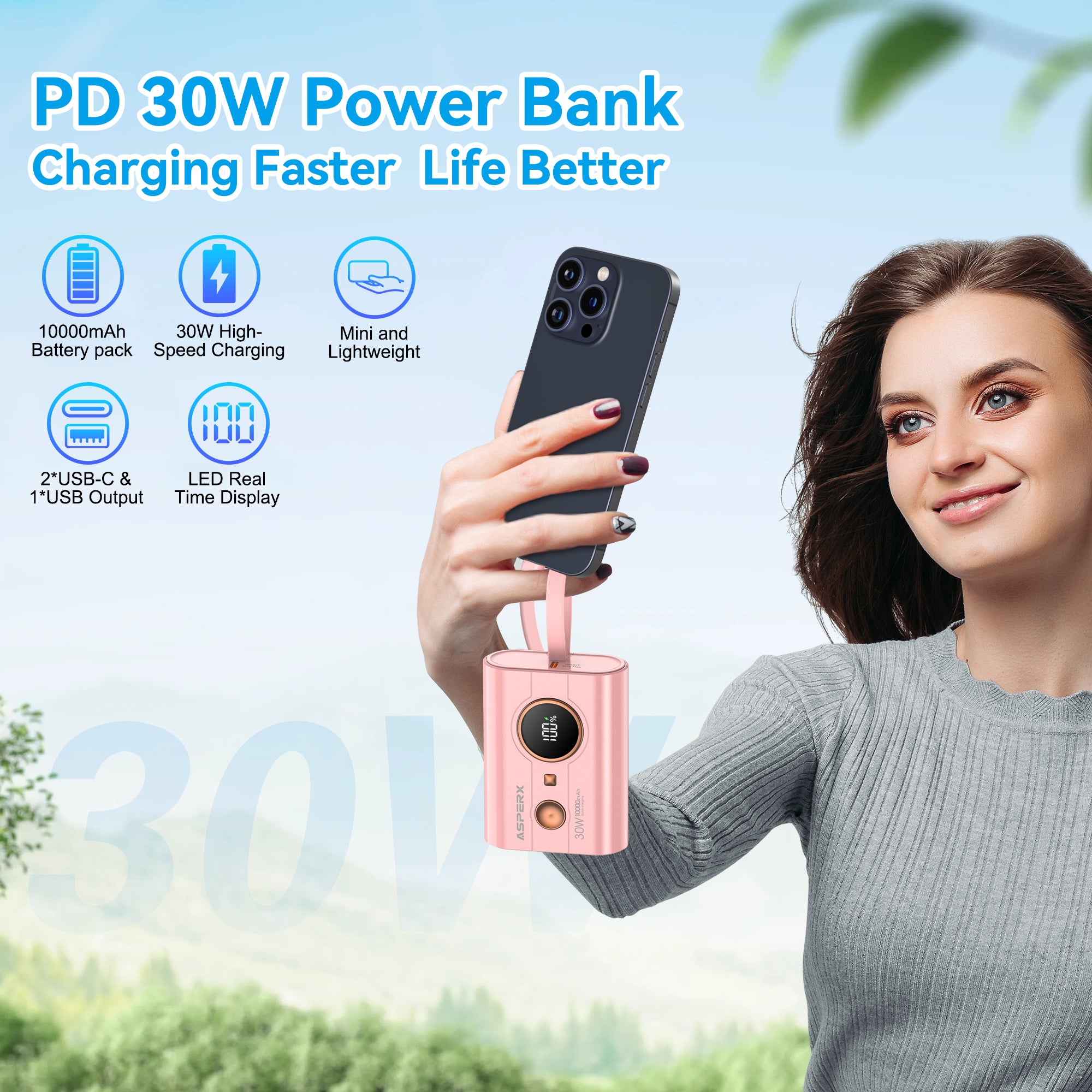 AX 10.000 mAh Powerbank -30 W PD, LED-Anzeige, 3-Port