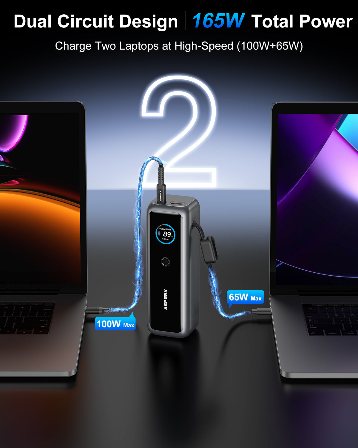 ASPERX 27600mAh 140W USB-C PD3.1 Laptop Power Bank with Built-in USB-C Cable & TFT Display