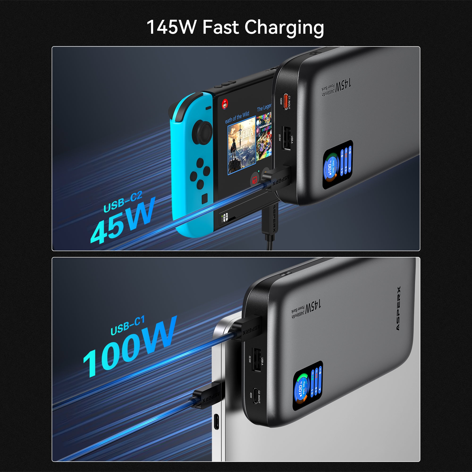 AX 24.000 mAh Laptop-Powerbank – 145 W PD, Smart-TFT-Display