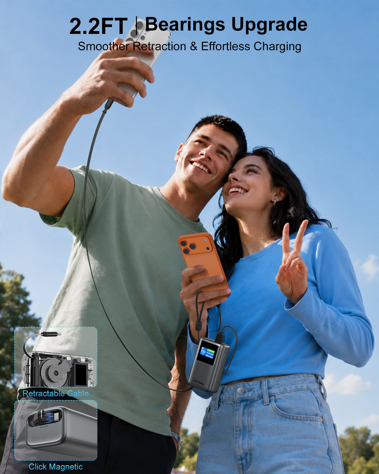 45W Portable Charger 10000mAh with Built-in Retractable USB-C Cable & TFT Display