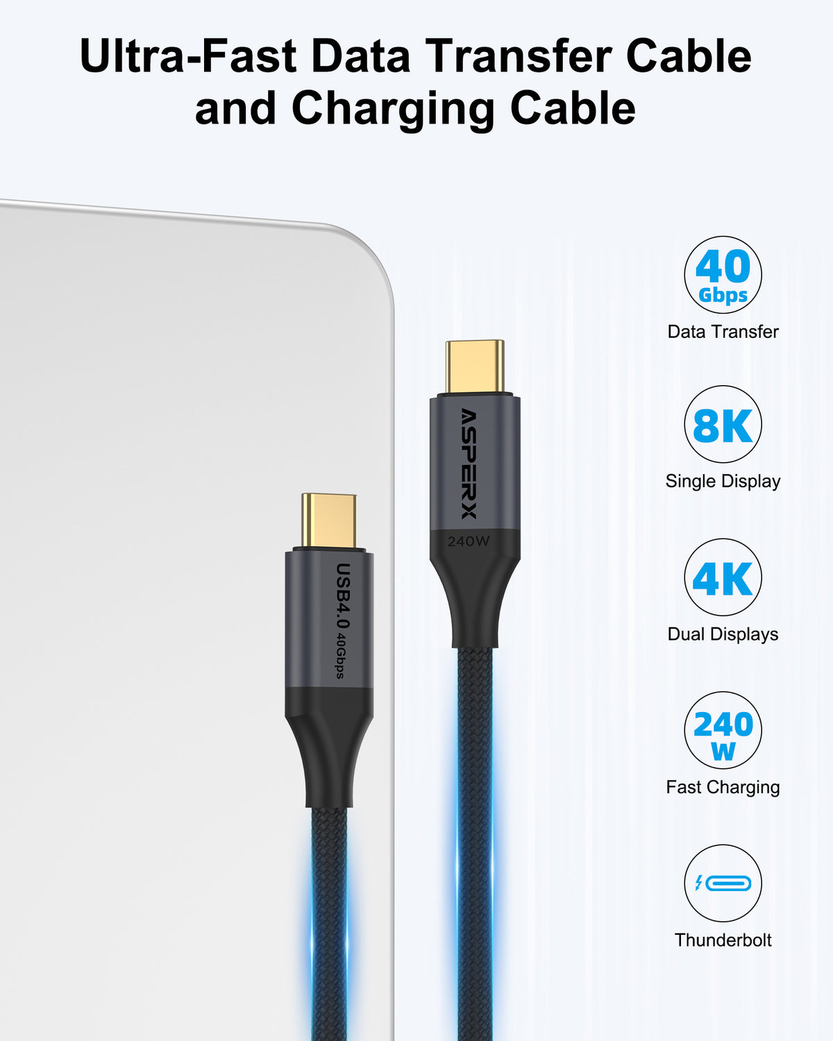ASPERX USB 4 for Thunderbolt 4 Cable 4Ft, PD3.1 240W, 40Gbps Data Sync