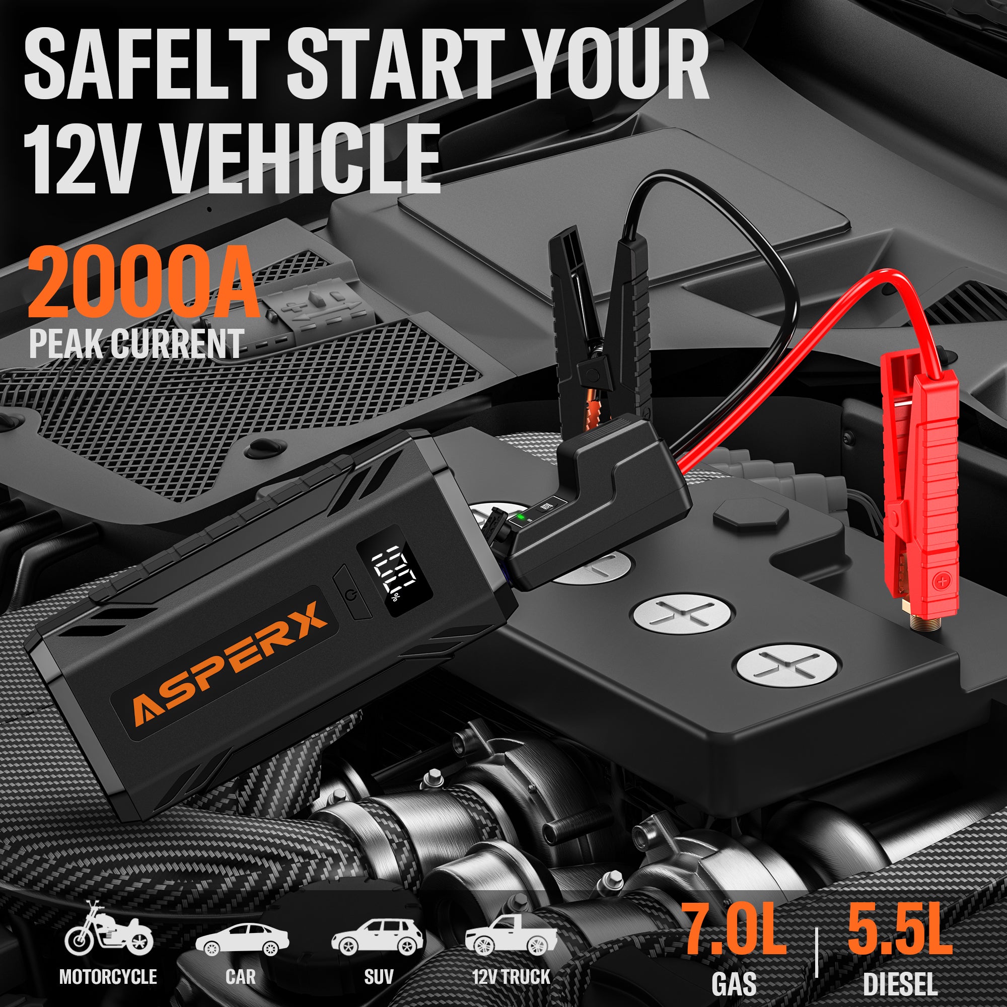 AX 2000A Starthilfegerät – 8,0 l Benzin / 6,5 l Diesel, LCD-Display, 12-V-Booster-Pack