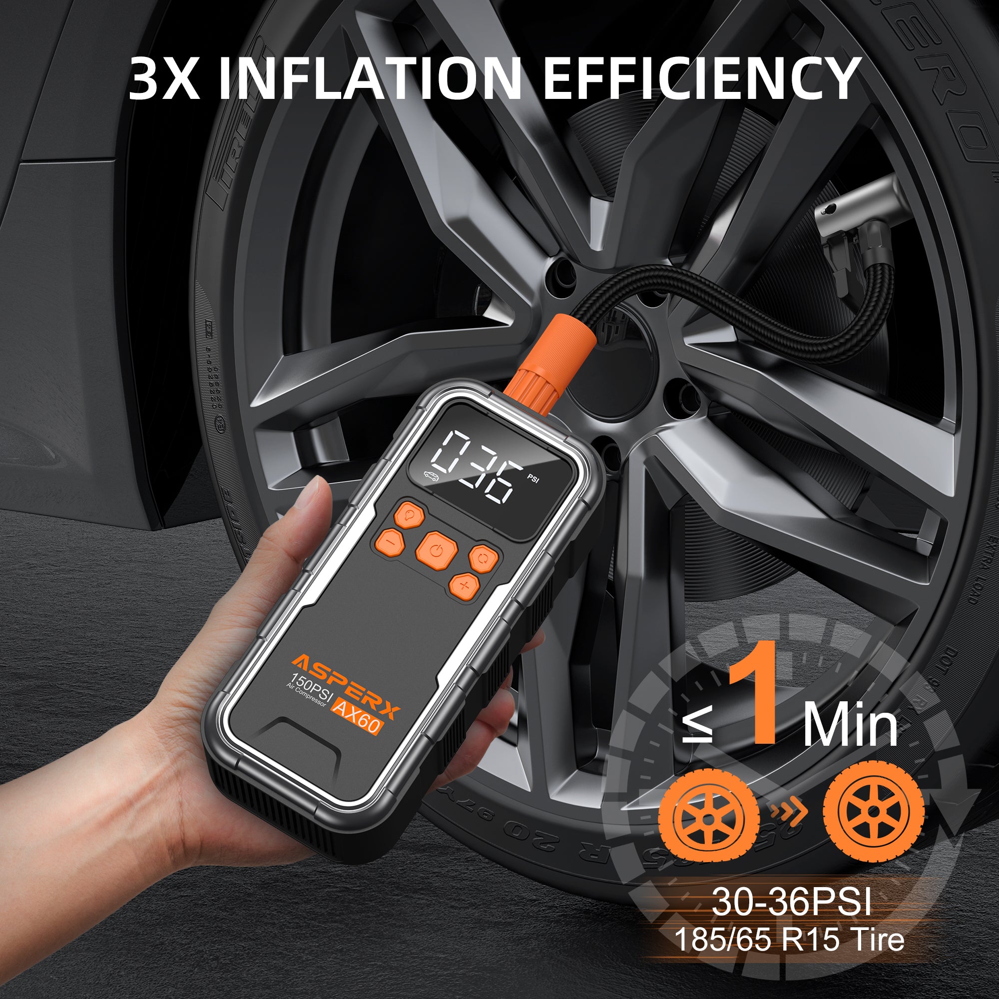 AX Akku-Reifenfüller -150PSI, 3× schneller, Digitalanzeige &amp; LED