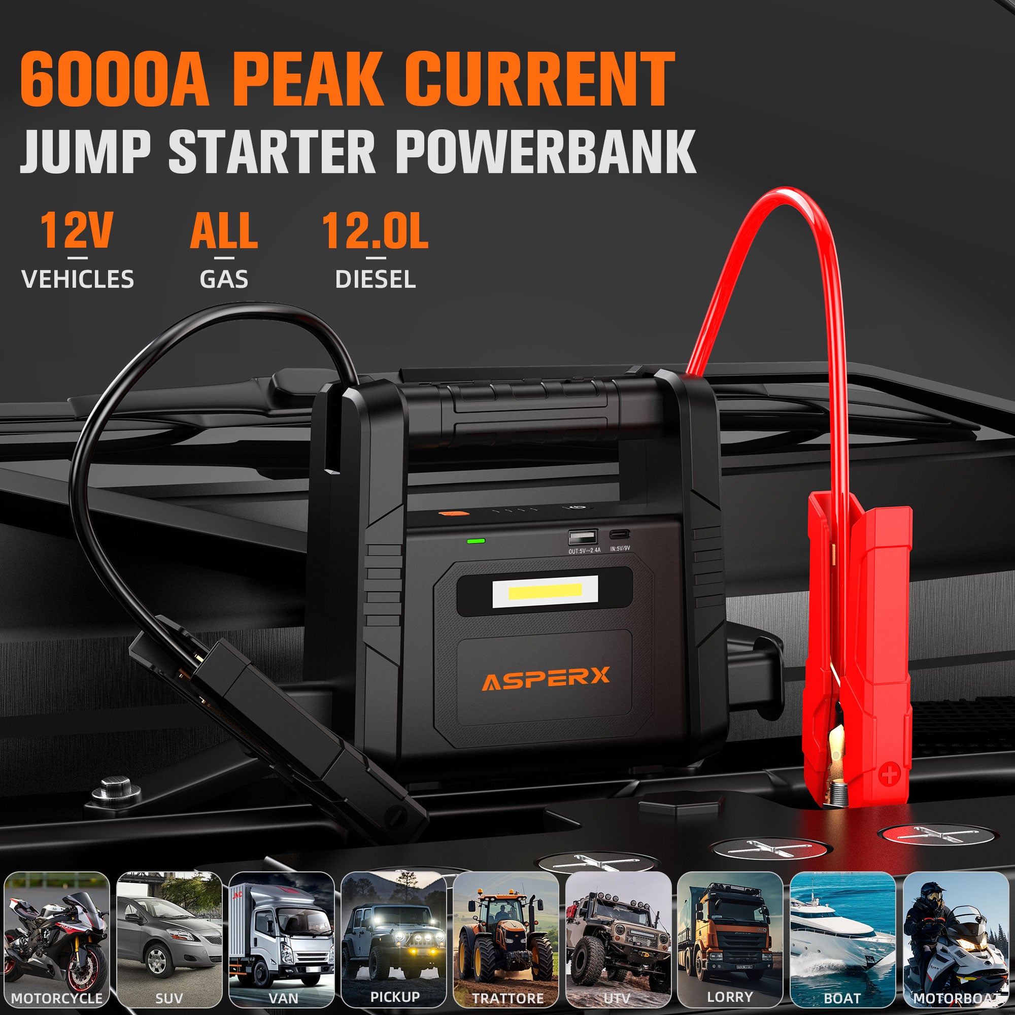 AX 6000A Starthilfegerät &amp; Powerbank – Für bis zu 12,0 l Diesel, LED-Licht