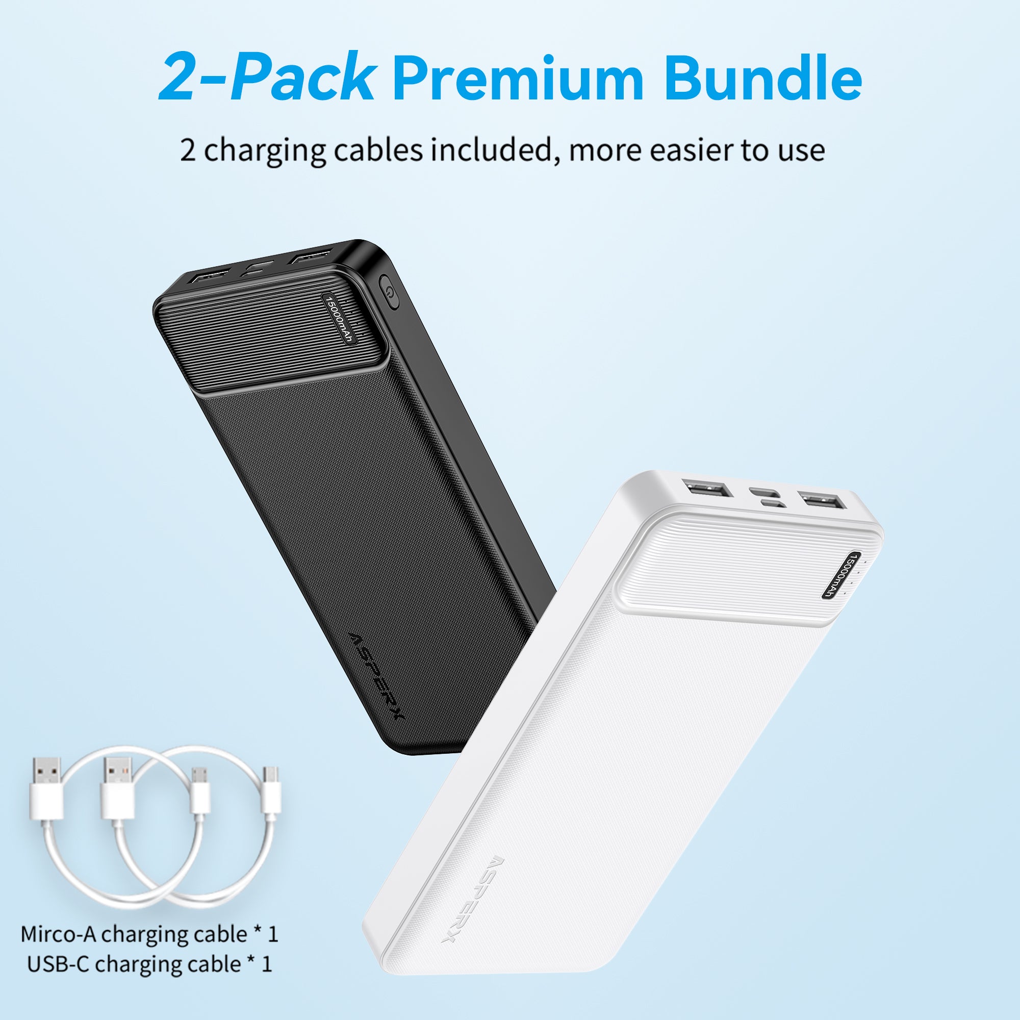 AX 15.000 mAh Powerbank 2er-Pack – 3 A Schnellladung, USB-C und Dual USB-A