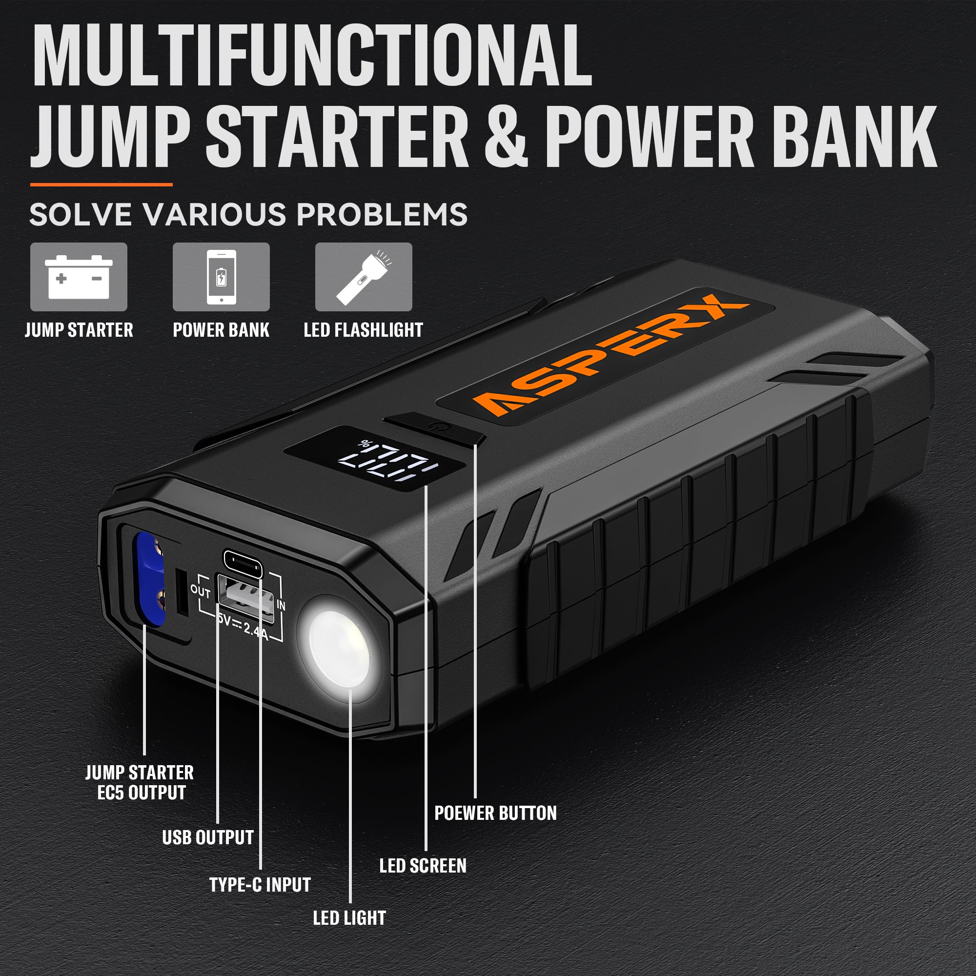 AX 2000A Starthilfegerät – 8,0 l Benzin / 6,5 l Diesel, LCD-Display, 12-V-Booster-Pack