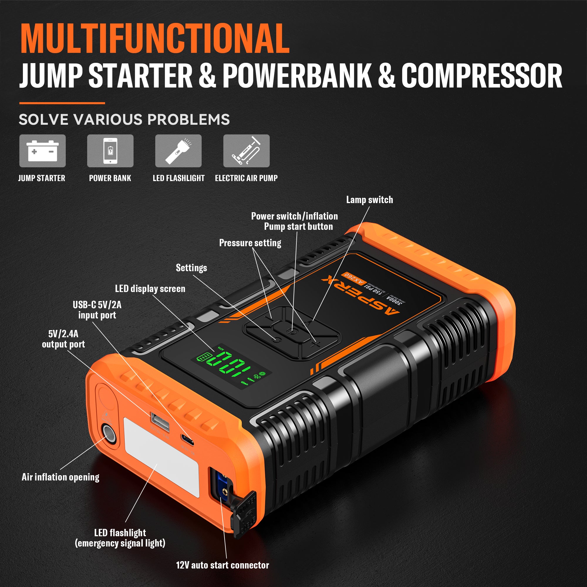 AX260 Starthilfegerät mit Luftkompressor -3000A, 150PSI Luftkompressor, 12V