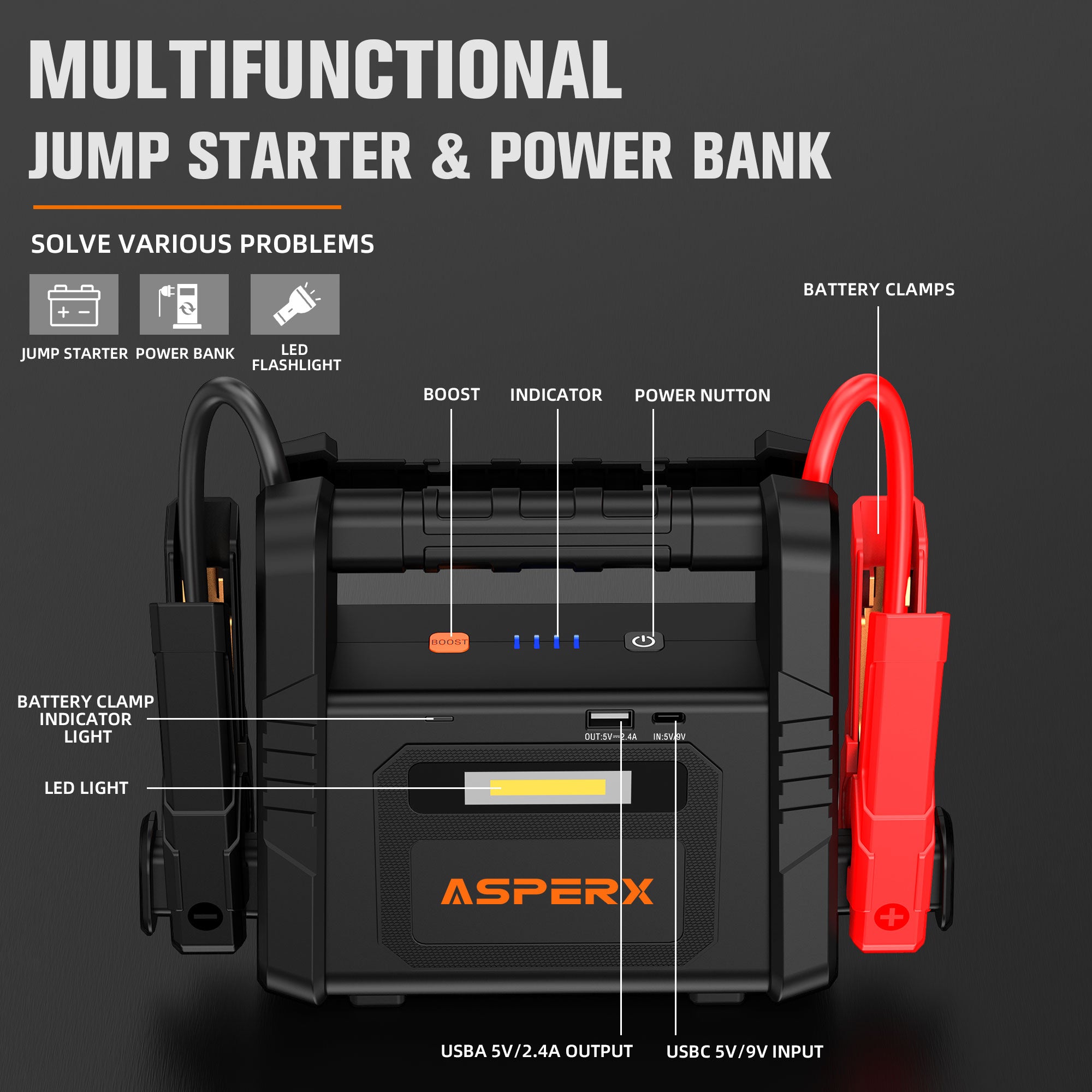 AX 6000A Starthilfegerät &amp; Powerbank – Für bis zu 12,0 l Diesel, LED-Licht