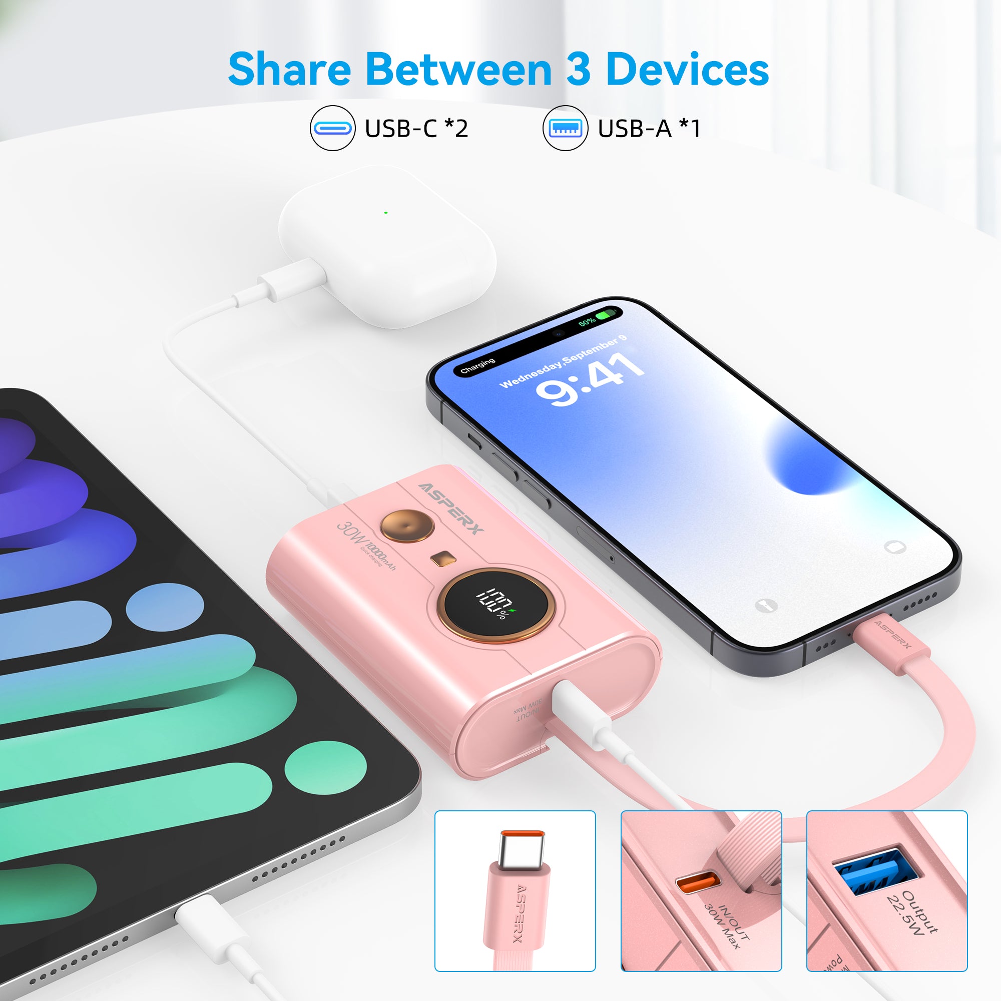 AX 10.000 mAh Powerbank -30 W PD, LED-Anzeige, 3-Port