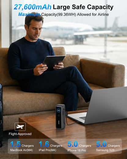 ASPERX 27600mAh 140W USB-C PD3.1 Laptop Power Bank with Built-in USB-C Cable & TFT Display