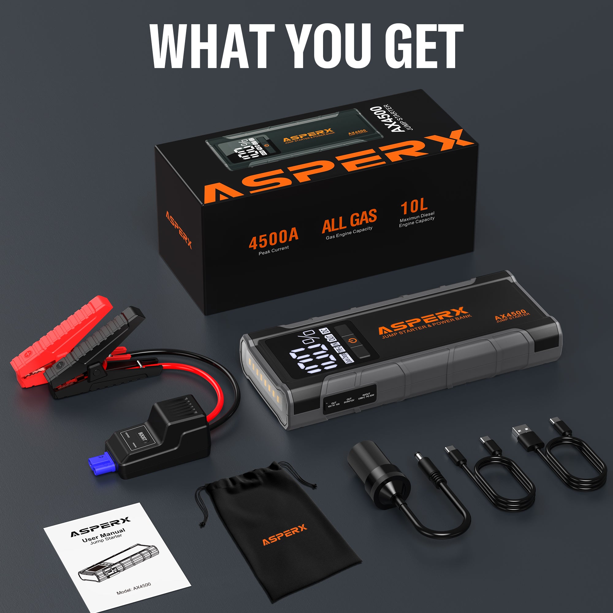 AX4500 Starthilfe -4500A, LCD-Display, für alle Benziner/10,0 l Diesel