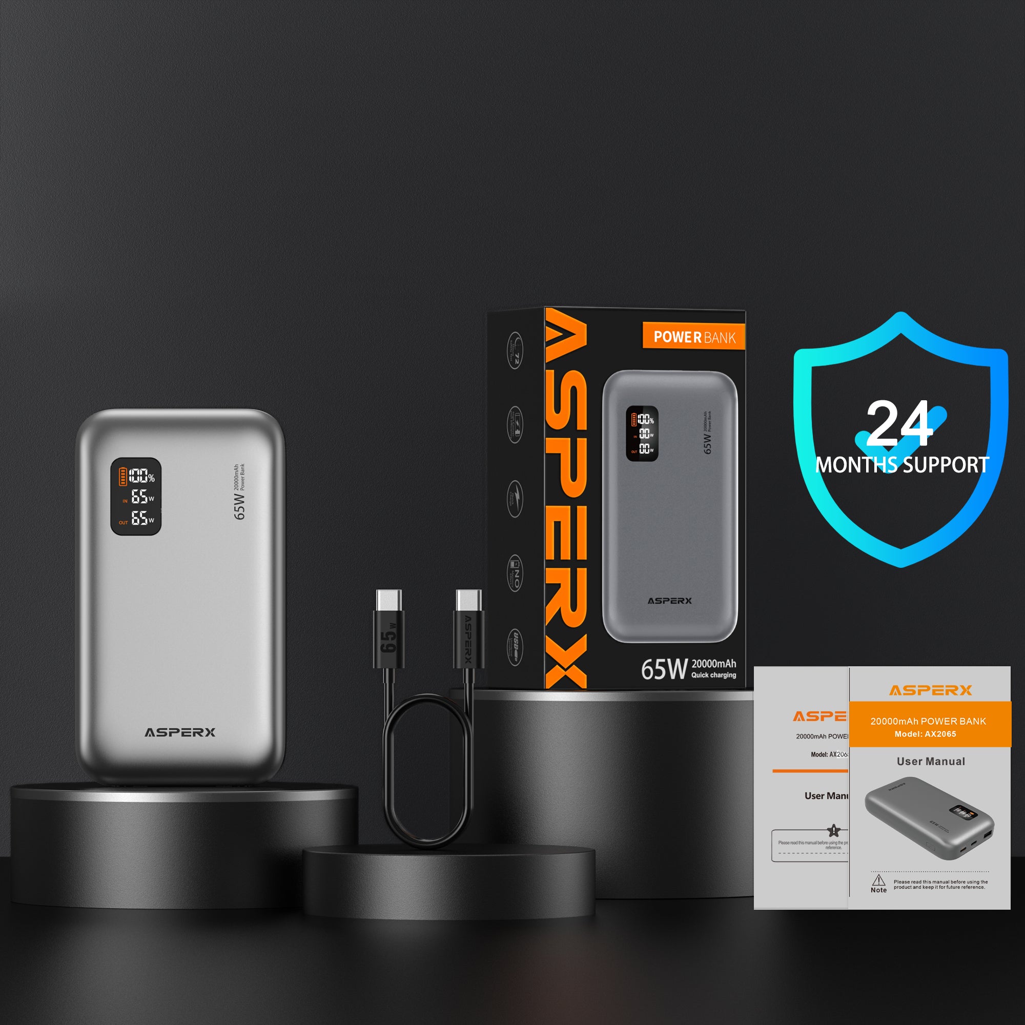 AX 20.000 mAh Laptop-Powerbank – 65 W USB-C PD, Digitalanzeige