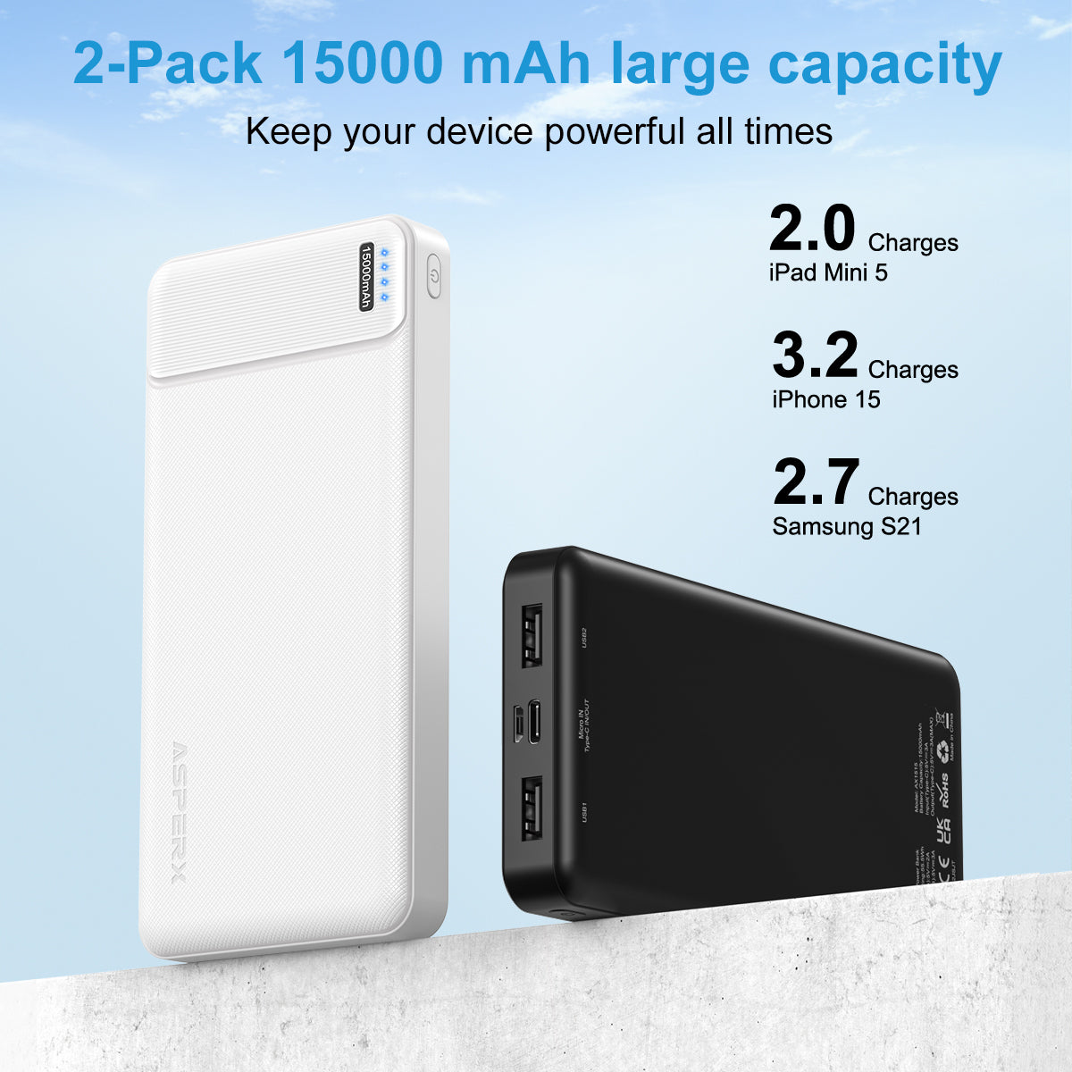 AsperX 15000mAh Powerbank, tragbares Ladegerät, 3,0A Schnelllade-USB-Kabel, Akku für Smartphones, Bluetooth-Kopfhörer, Elektronikzubehör